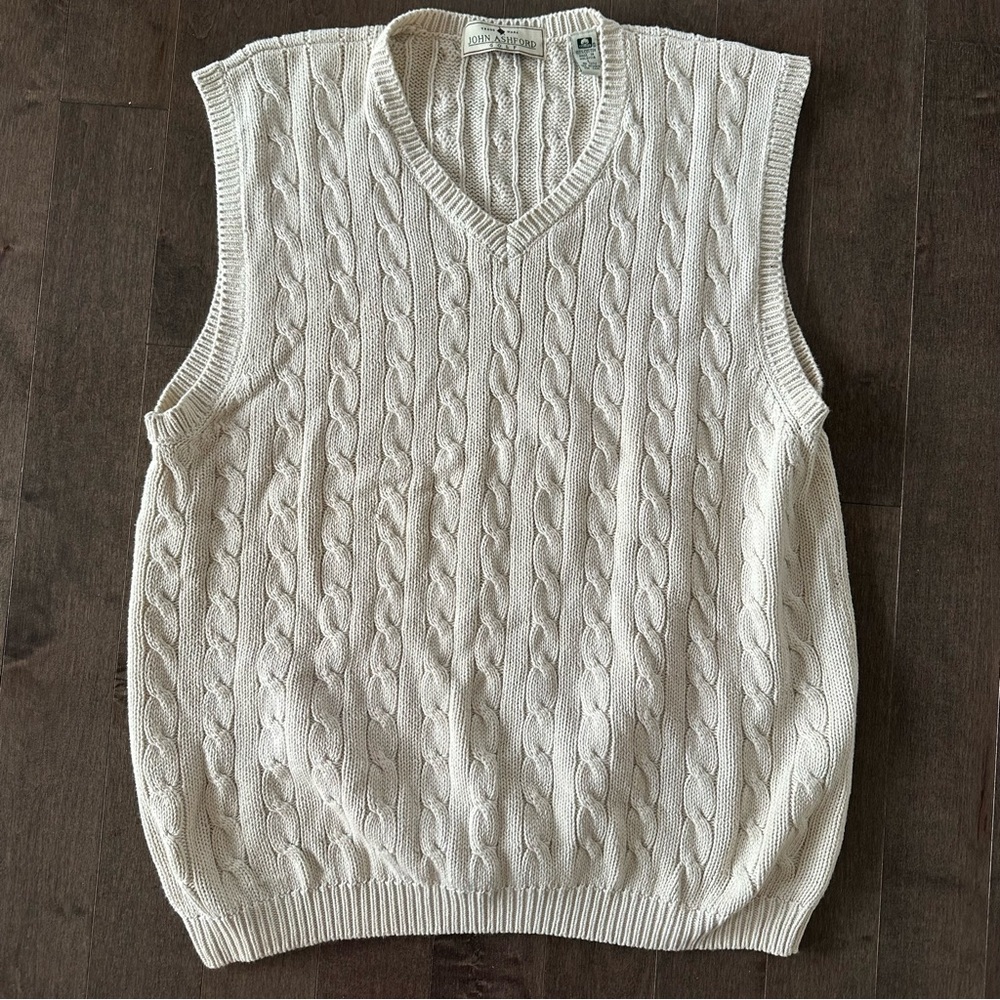 Vintage John Ashford Golf Cable Knit Vest Sweater 90's Preppy Academia Coastal L